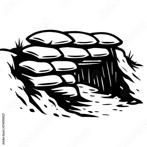 Military sandbag fortification illustration in black and white woodcut style, showing a robust defensive trench with stacked sandbags. Symbolizes frontline protection, resilience, and strategy for his