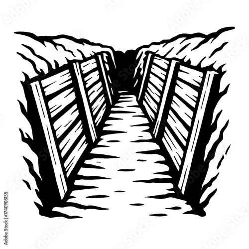 Detailed black and white illustration of a historical military trench, featuring strong wooden plank reinforcements along its deep, narrow path, suggesting themes of wartime defense, soldier life, and