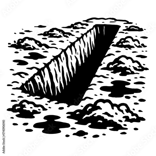 Stark Black and White Illustration of a Deep, Jagged Chasm or Fissure, Cutting Through a Desolate and Barren Landscape. A Dramatic Monochrome Depiction of a Geological Abyss, Revealing the Raw, Fractu