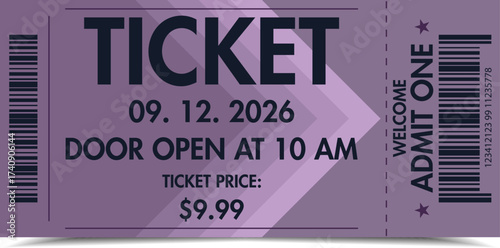 Concert Ticket with Barcode and Retro Purple Style Vector