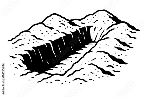 Monochrome woodcut illustration of a deep, excavated trench or ditch with prominent earth mounds, perfect for historical contexts, engineering, construction, drainage, military fortification, and land