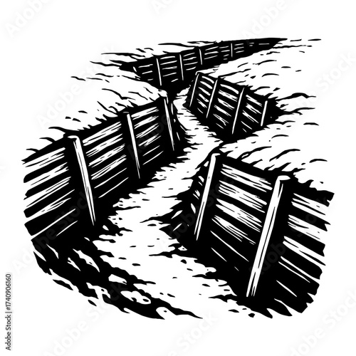Detailed black and white illustration of a winding military trench system, showing wooden fortifications and the rugged battlefield landscape, evoking historical warfare, strategic defense, and the ha