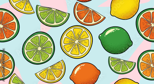 A vector illustration set featuring green citrus fruits, likely pomelos or sweet limes, depicting whole fruits with leaves and sliced halves showing juicy segments in a flat cartoon style.

