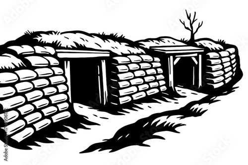 Black and white woodcut art: Two military dugouts, sandbags, earth, trench path, bare tree. Wartime shelters, conflict, resilience. Perfect for historical, educational, design, trench warfare, militar