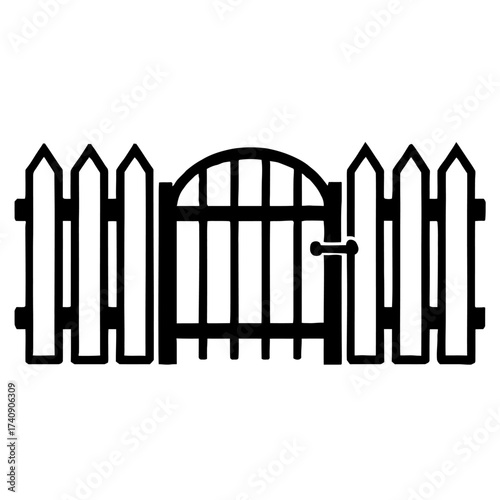 Elegant black and white silhouette of a classic wooden picket fence with an inviting arched garden gate, featuring a simple latch handle. This charming vector icon is perfect for home exterior, proper
