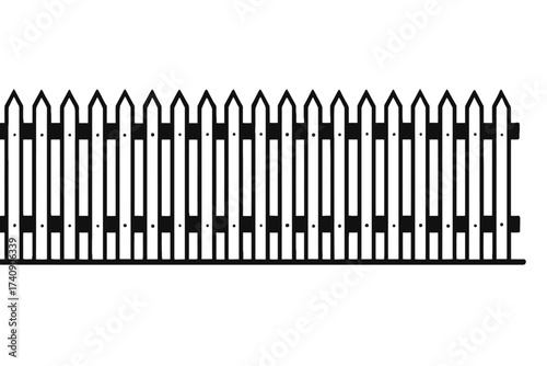 Elegant black and white minimalist vector illustration of a classic picket fence design, featuring sharp pointed tops and sturdy horizontal rails, ideal for property definition, garden ornamentation,