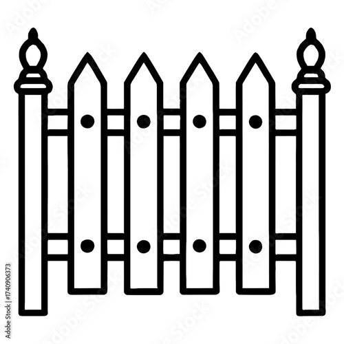 Black outline icon depicting a classic picket fence segment, featuring neatly arranged pointed vertical pickets secured by horizontal rails, flanked by two sturdy posts topped with elegant finials, id