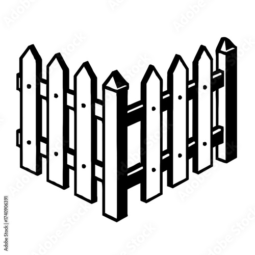 Black and white isometric outline vector of a classic picket fence corner. Ideal for garden design, property demarcation, home landscaping, security visuals. Clean graphic for architectural plans, dig