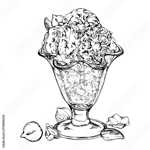 Gelato scoop with crushed assorted nuts topping in elegant sundae tulip glass bowl. graphic illustration hand drawn in vector ink. Fruit-flavored dessert decor, frozen yoghurt cafe menu, event tag