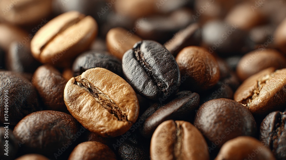 Naklejka premium Photorealistic closeup of roasted coffee beans with details