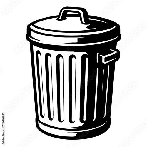 Classic Black & White Illustration of a Lidded Trash Can with Ribbed Design, Perfect for Waste Disposal and Recycling Concepts, Clean Vector Art for Iconography, Graphic Design, Environmental Themes,