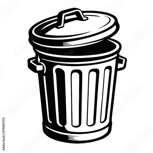 Vintage-style black and white vector illustration depicting a traditional galvanized metal trash can with its lid slightly ajar, symbolizing waste disposal, recycling efforts, and general refuse manag