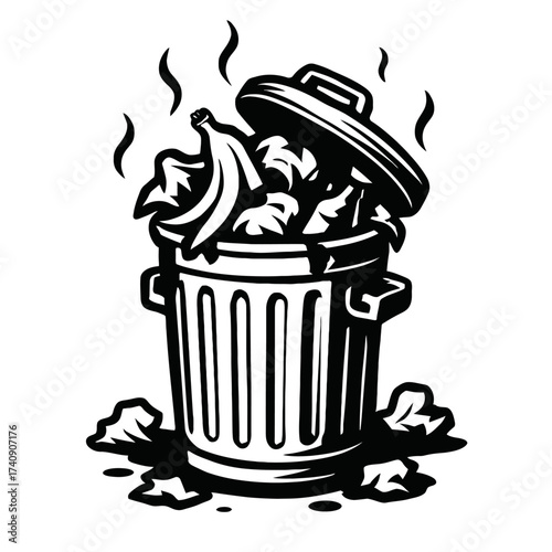 Overflowing, smelly trash can vector graphic in black and white, with banana peel, food scraps, and odor waves. Symbolizes poor waste management, urban pollution, and critical environmental hygiene. I