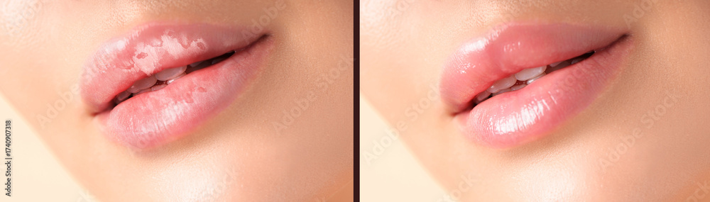 Fototapeta premium Lip care. Woman with chapped and dry skin before and healthy skin after moisturizing treatment, collage