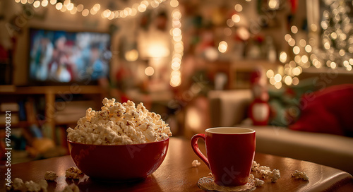 a cozy living room with warm lighting, a large bowl of popcorn on the coffee table, and an open red mug beside it. in front is a television playing christmas movies