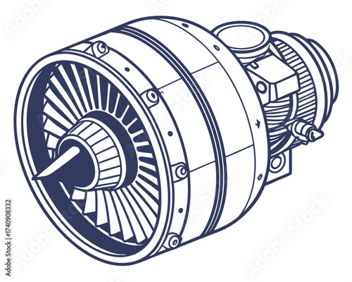 Aircraft jet engine internal components illustration showing turbine and gas technology for maintenance isometric isolated.
