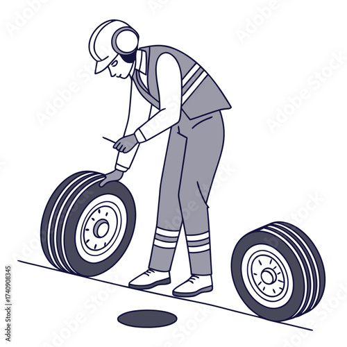 Aircraft maintenance engineers and technicians inspecting airplane landing gear at airport isometric isolated.