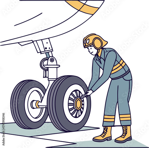 Technician and engineer performing aircraft landing gear inspection and maintenance at airport isometric isolated.