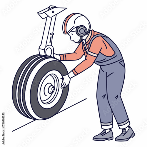 Engineers and technicians performing airplane landing gear maintenance at airport isometric isolated.