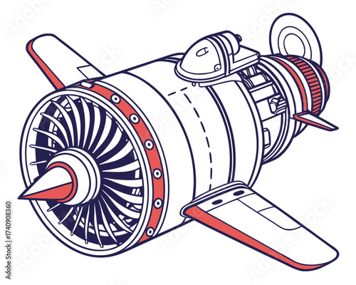 Simple diagram of airplane jet engine turbine showing internal gas technology and maintenance equipment isometric isolated.