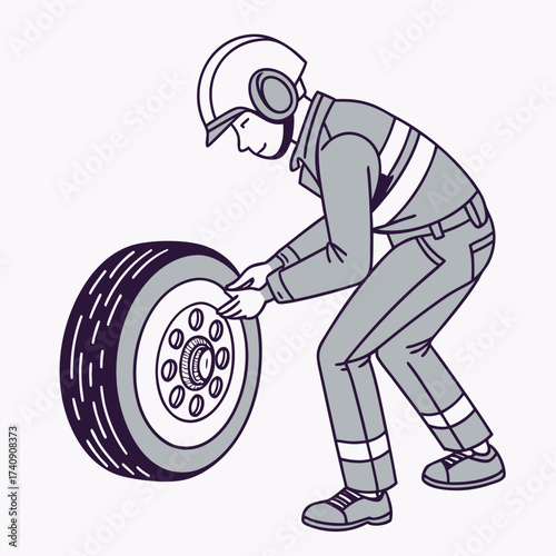 Aircraft engineer checking landing gear with technicians performing airplane maintenance at airport isometric isolated.