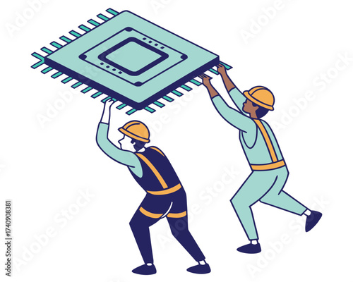 Developers vying for microchips in industrial semiconductor crisis cold war isometric isolated vector illustration.