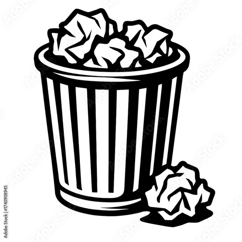Black and white vector art: trash can full of crumpled paper, one on ground. Symbolizes waste, discarded ideas, mistakes, disposal, recycling, office, school, clean-up, environment, digital design, we
