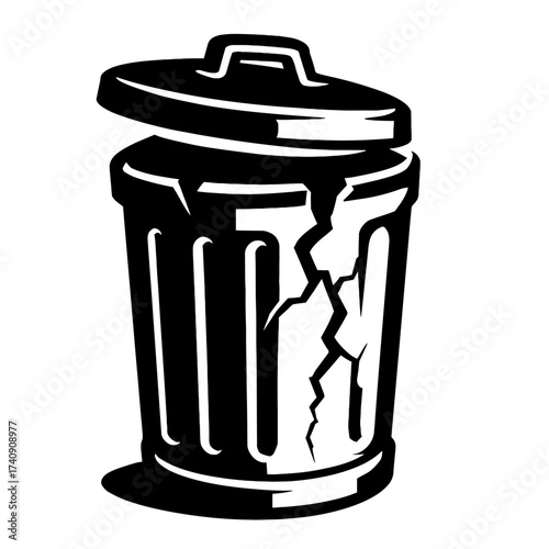 Cracked Trash Can Vector Icon: Damaged Black and White Garbage Bin, Lid Ajar. Clearly Symbolizing Waste, Discard, Deletion, Obsolescence, Decay, Neglect. SEO graphic for Web, Apps, End-of-Life Themes.