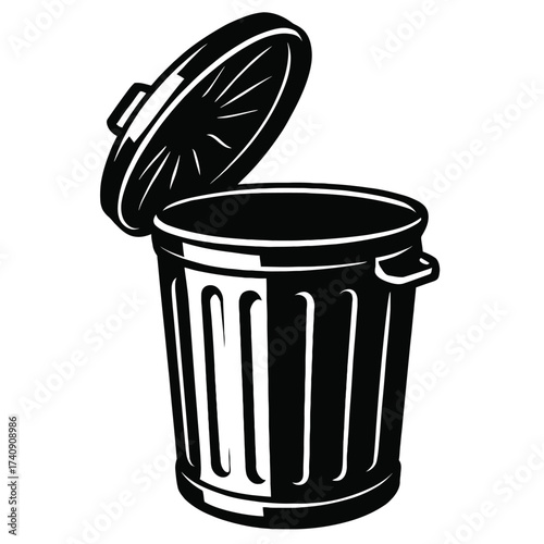 Black and white vector illustration of an open trash can, a classic ribbed dustbin with its lid slightly ajar. It symbolizes waste management, recycling, disposal, and essential cleanliness. Ideal for