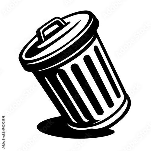 Stylized monochrome vector illustration featuring a slightly tilted traditional lidded garbage can, casting a simple shadow, perfect for icons, waste management graphics, disposal themes, environmenta