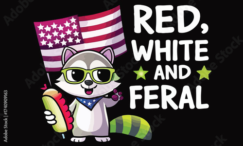 Red White and Feral — Cute Patriotic Animal Cartoon with American Flag .