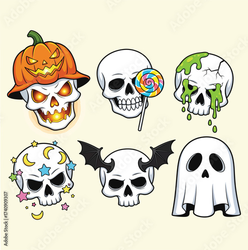 Collection of six hand drawn halloween skulls and a ghost in various spooky and colorful designs isolated on white background