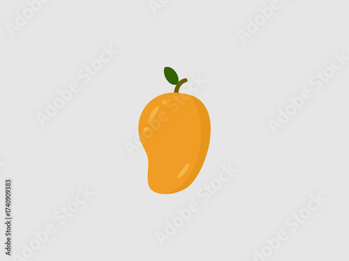 orange illustration of a whole mango with a small green stem and leaf on top