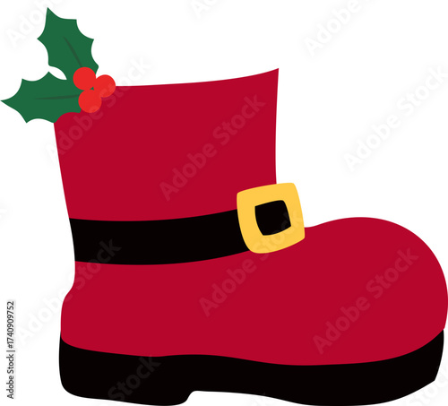 Santa Claus boots decorated with holly flat vector illustration isolated.
Transparent background.