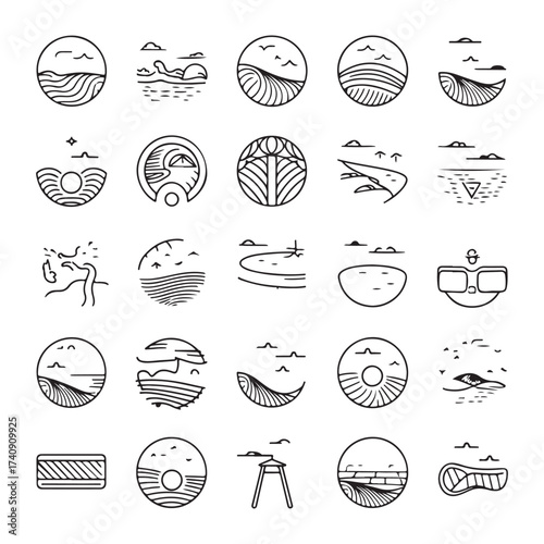 Minimal Landscape Badge Icons, Mountain, Beach, Desert, Sea, Nature and Adventure Travel Vector Set