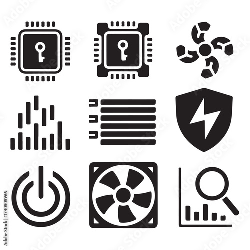 Cyber Security and Computer Hardware Icons, Data Protection, CPU, Firewall, Network, Technology Vector Set