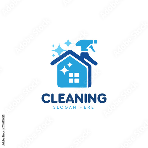 Cleaning logo design with house and spray bottle for janitorial, housekeeping, and home services