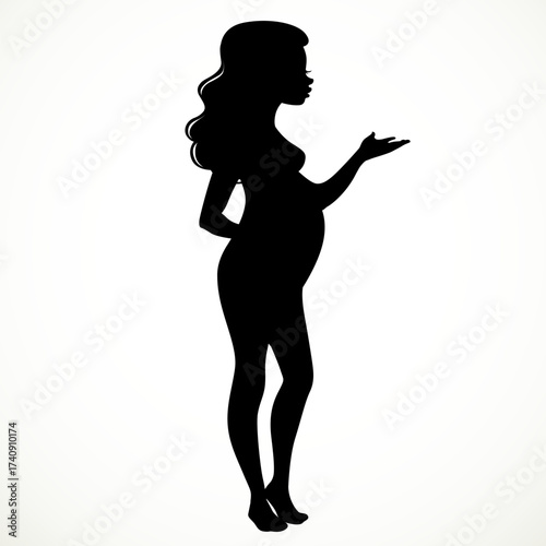Black silhouette of a pregnant woman in full growth something tells isolated on a white background