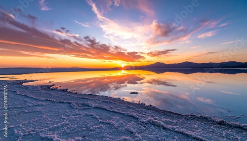 A vibrant sunset reflects over a still lake, with mountains in the distance