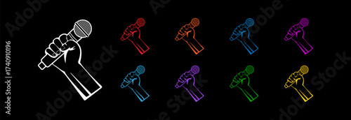 Hand holding microphone as a symbol of freedom of speech. Icon set.