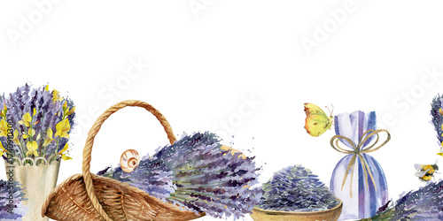 Woven trug basket with lavender flowers, seeds in clay bowl, sachet bag, lavandula and Spanish broom bouquet. Isolated seamless pattern hand drawn in watercolor. Farmer's lavender fair, wedding art.