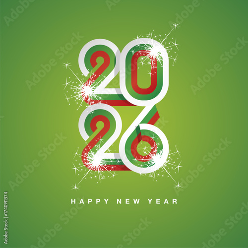 2026 New Year continuous Bulgaria ribbon. Abstract white green red flag of Bulgaria in the shape of 2026 logo with sparkle firework. New Year concept greeting card