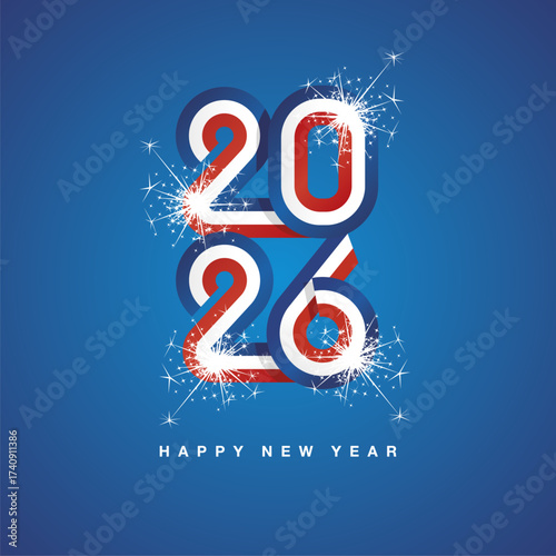 2026 New Year continuous France ribbon. Abstract blue white red flag of France in the shape of 2026 logo with sparkle firework. New Year concept greeting card