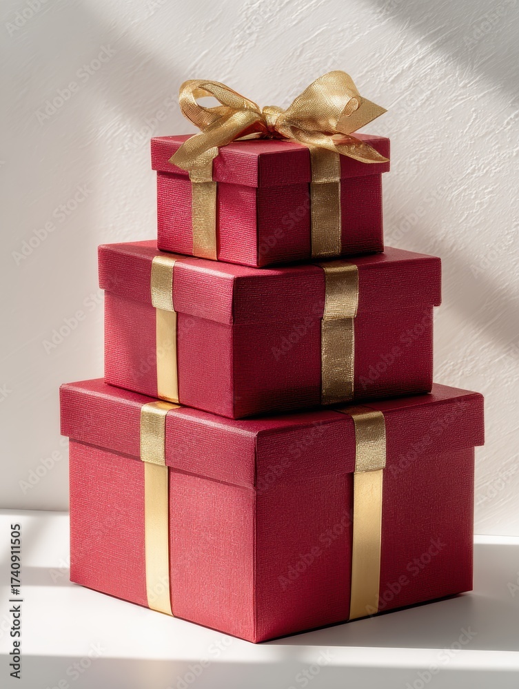 Obraz premium Minimalist Stacked Gift Boxes: Matte Red Wrapping, Gold Foil Ribbon & Bow, Soft Top-Left Lighting, Subtle Shadow, White Seamless Background, High-Res Commercial Product Photography