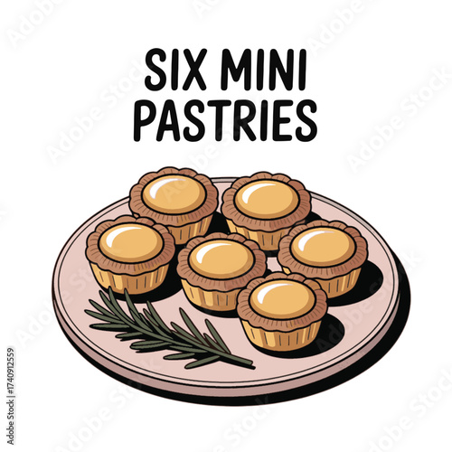 Six golden mini pastries with custard filling on a pink plate with rosemary pastry mini pastry