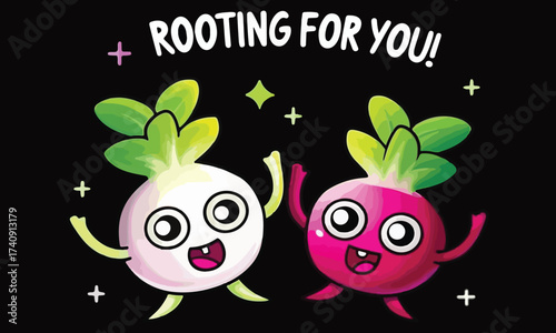 Rooting for You — Cute Vegetable Friends Illustration with Positive Pun .