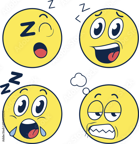 Funny cartoon smiley faces emoji vector set.