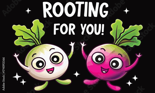 Rooting for You — Cute Vegetable Friends Illustration with Positive Pun .
