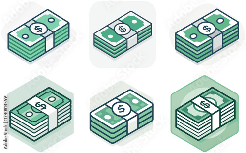 Stacks of money in green color with dollar signs wrapped in white bands representing financial success