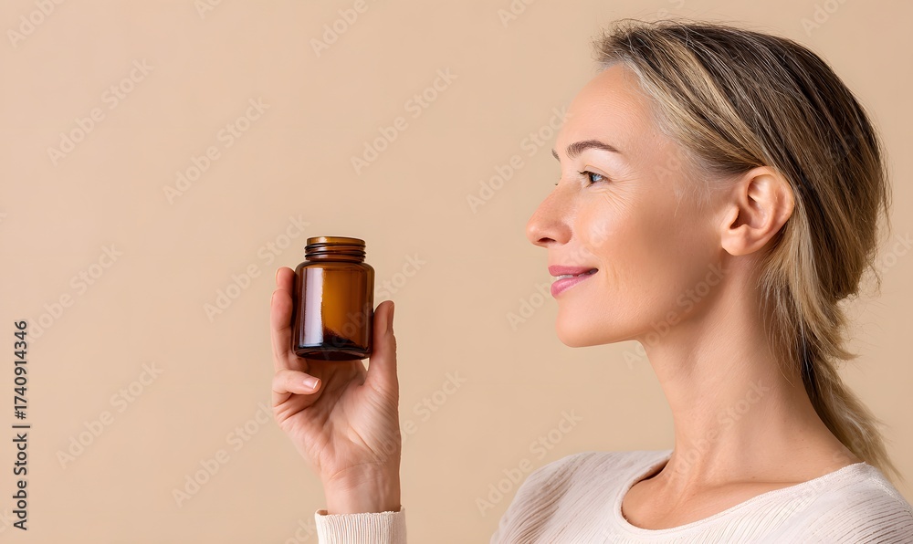 Fototapeta premium side profile white irish woman, see her face, holding a brown glass jar of cream in the air.